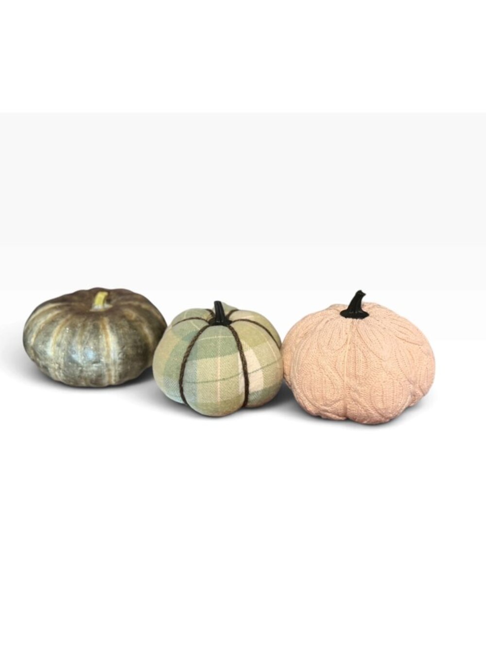 Set of 3 Decorative Fall Pumpkins – Gold, Green Plaid & Blush Pink